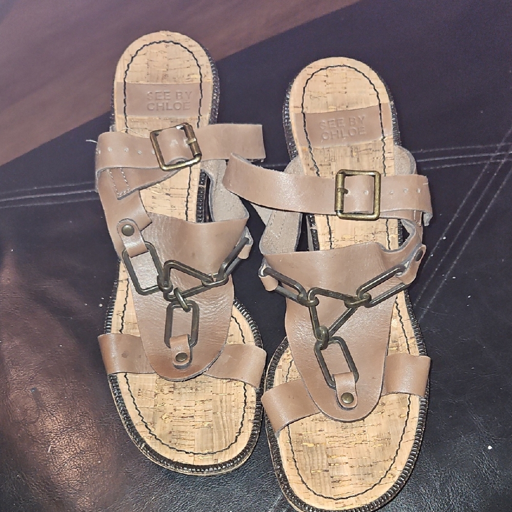 See By Chloe Brown Leather Buckle Sandals